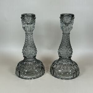 Set of 2 Pottery Barn Candlesticks in Smoky Grey Pressed Glass Vintage Look